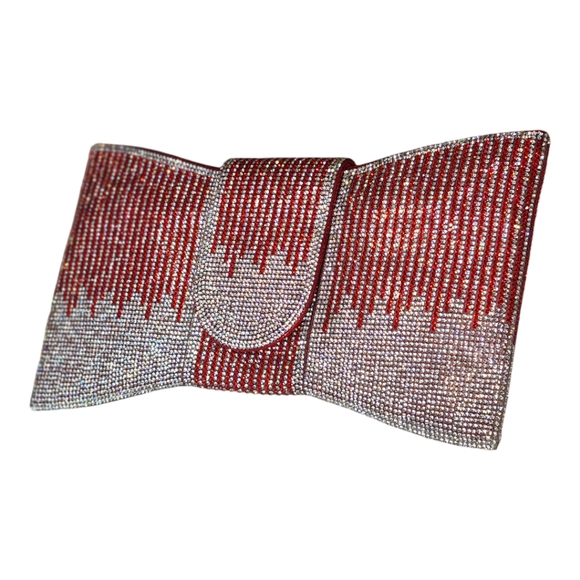 Women's Pavé Red & Silver Rhinestone Bowtie Shape Clutch Handbag Purse - Picture 2 of 7